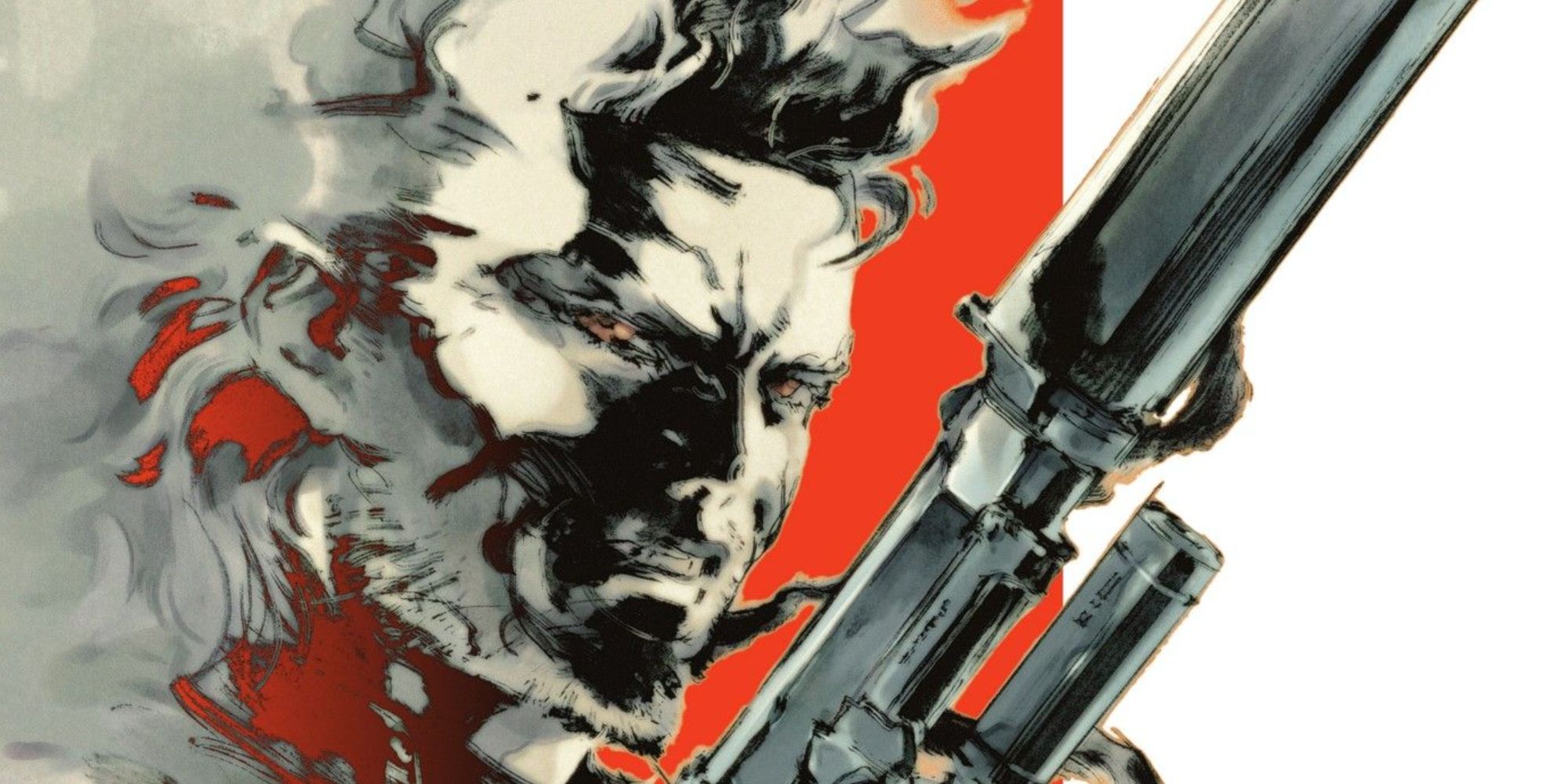 Metal Gear Solid 2 box art depicting a stylized Solid Snake holding a pistol with a silencer attached