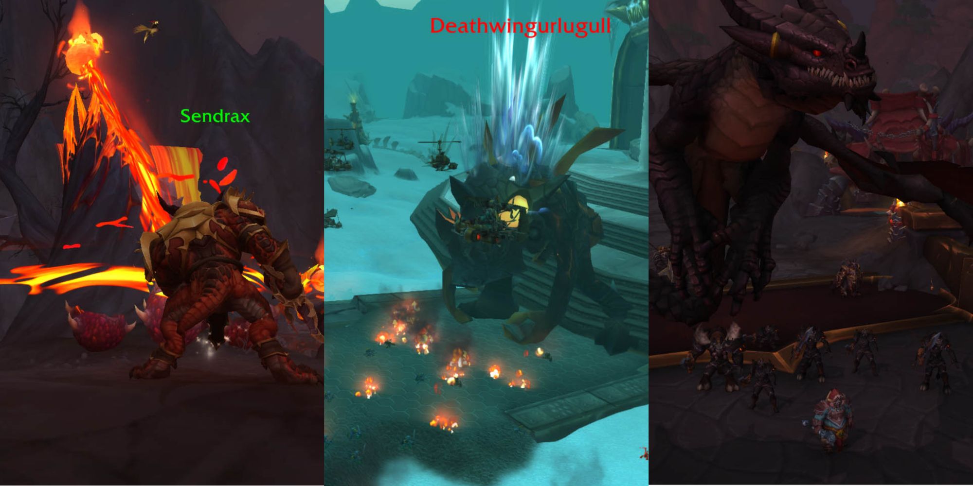 World of Warcraft: collage of Sendrax, deathwing murloc, and a black dragon