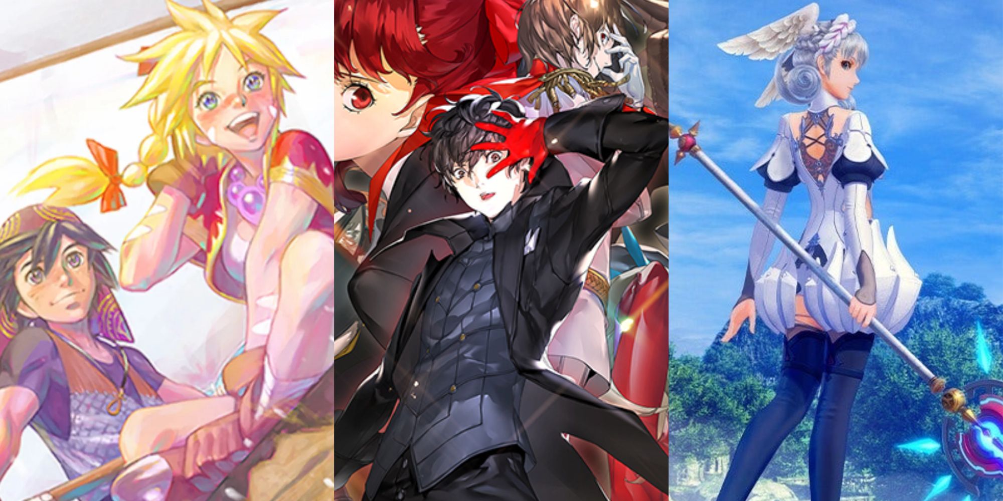 Serge and Kid riding smiling and riding a boat, Joker posing in front of his teammates, and Melia holding her spear with her back slightly turned