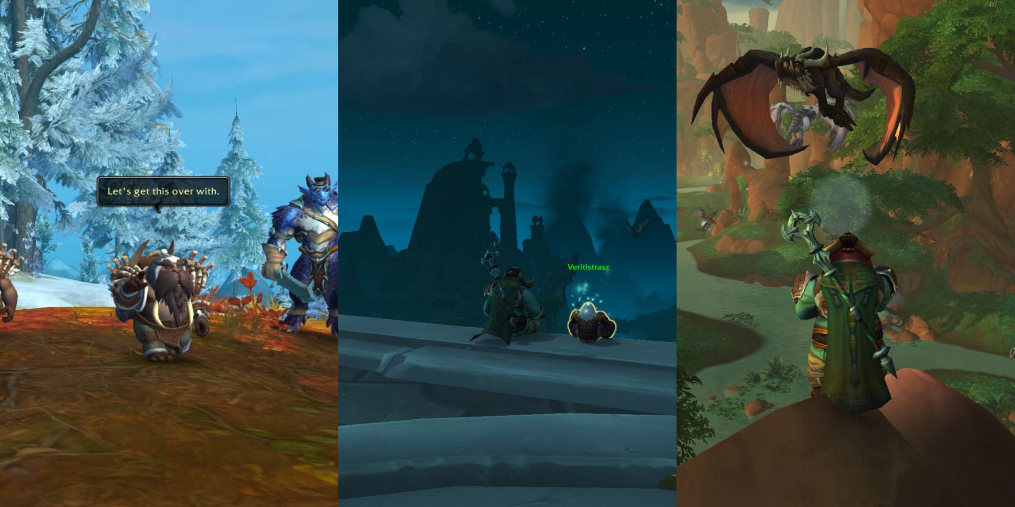 World of Warcraft collage of a tuskarr, dwarf, and proto-dragon