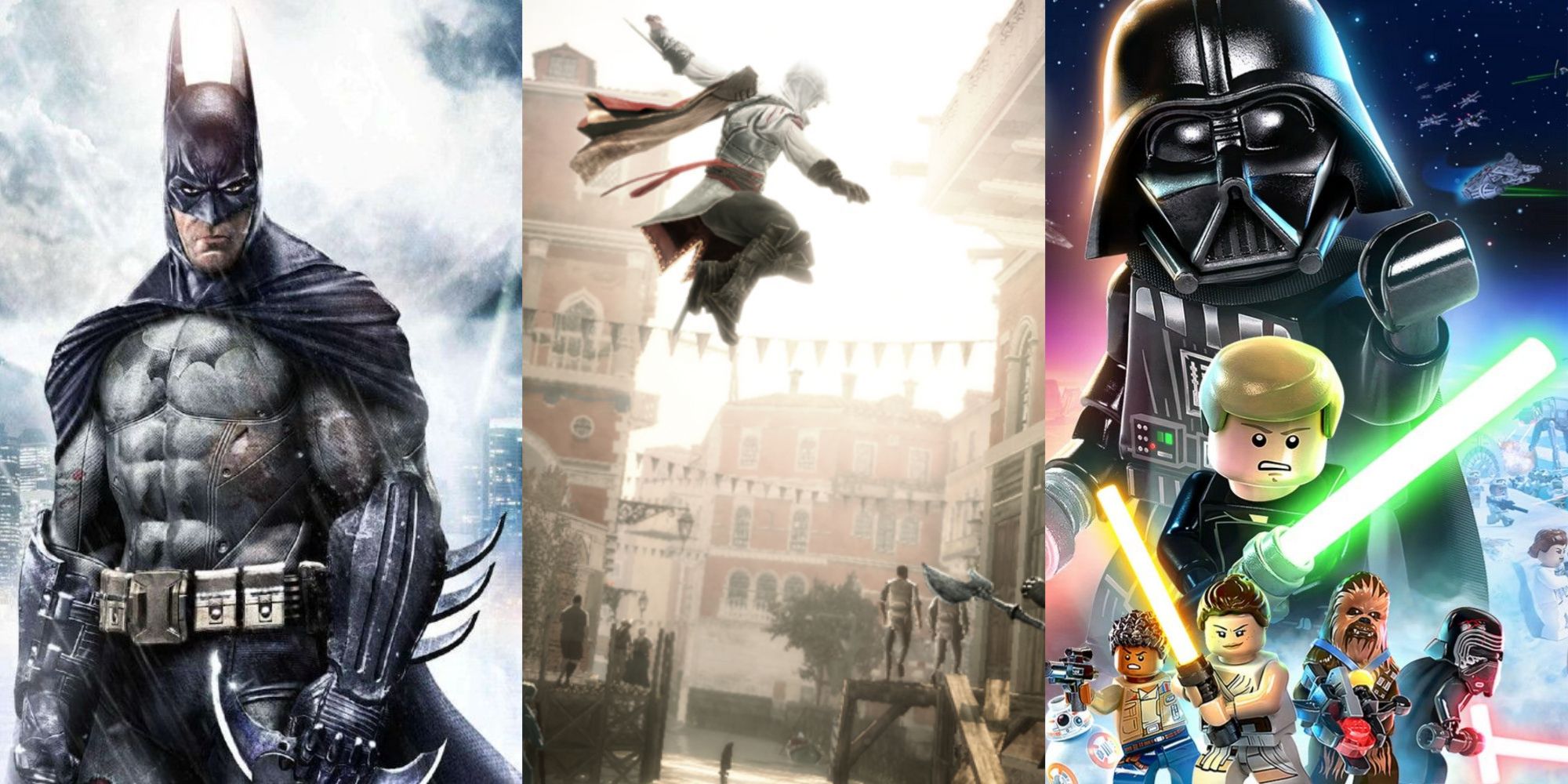 Split image collage of the cover art for Batman: Arkham Asylum, Assassin's Creed II, and Lego Star Wars: The Skywalker Saga.