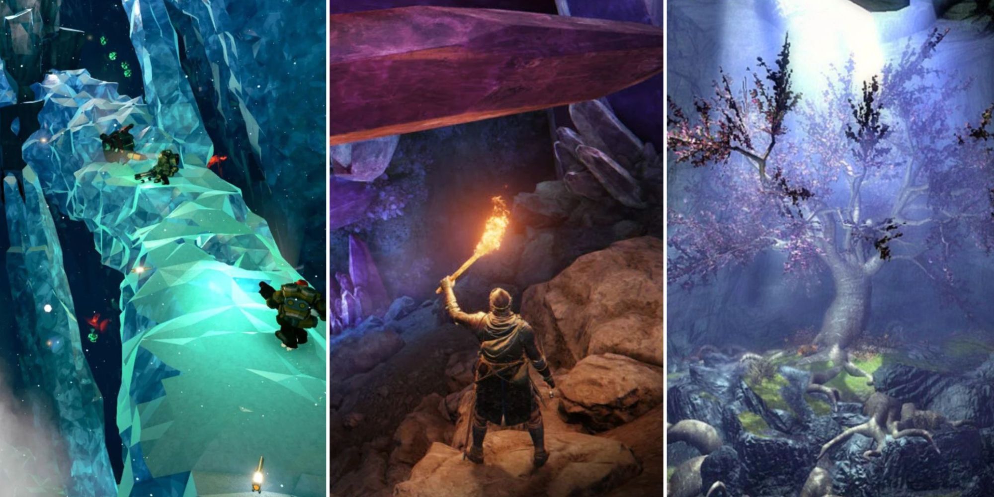 Colage of Iconic Video Game Caves, featuring Deep Rock Galactic, Elden Ring, and Skyrim
