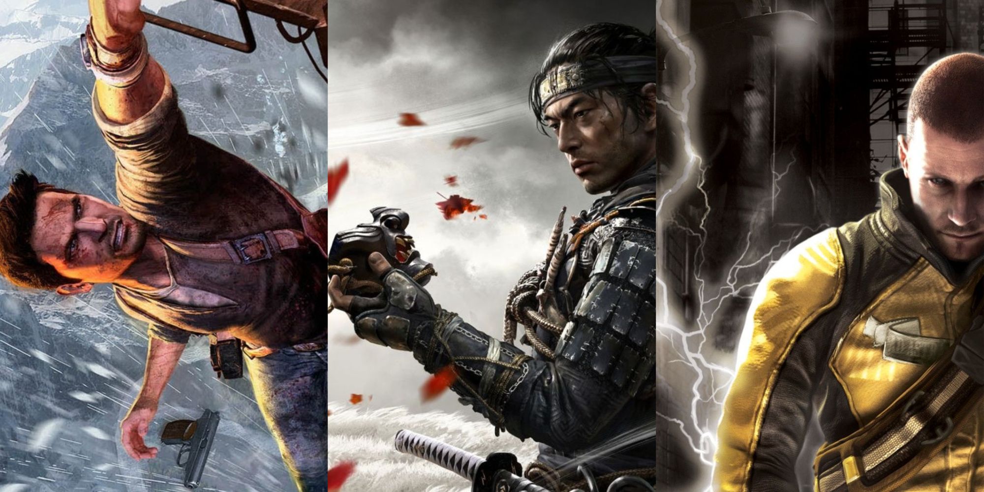 Split image of the covert art for the PlayStation games Uncharted 2: Among Thieves, Ghost of Tsushima, and Infamous.