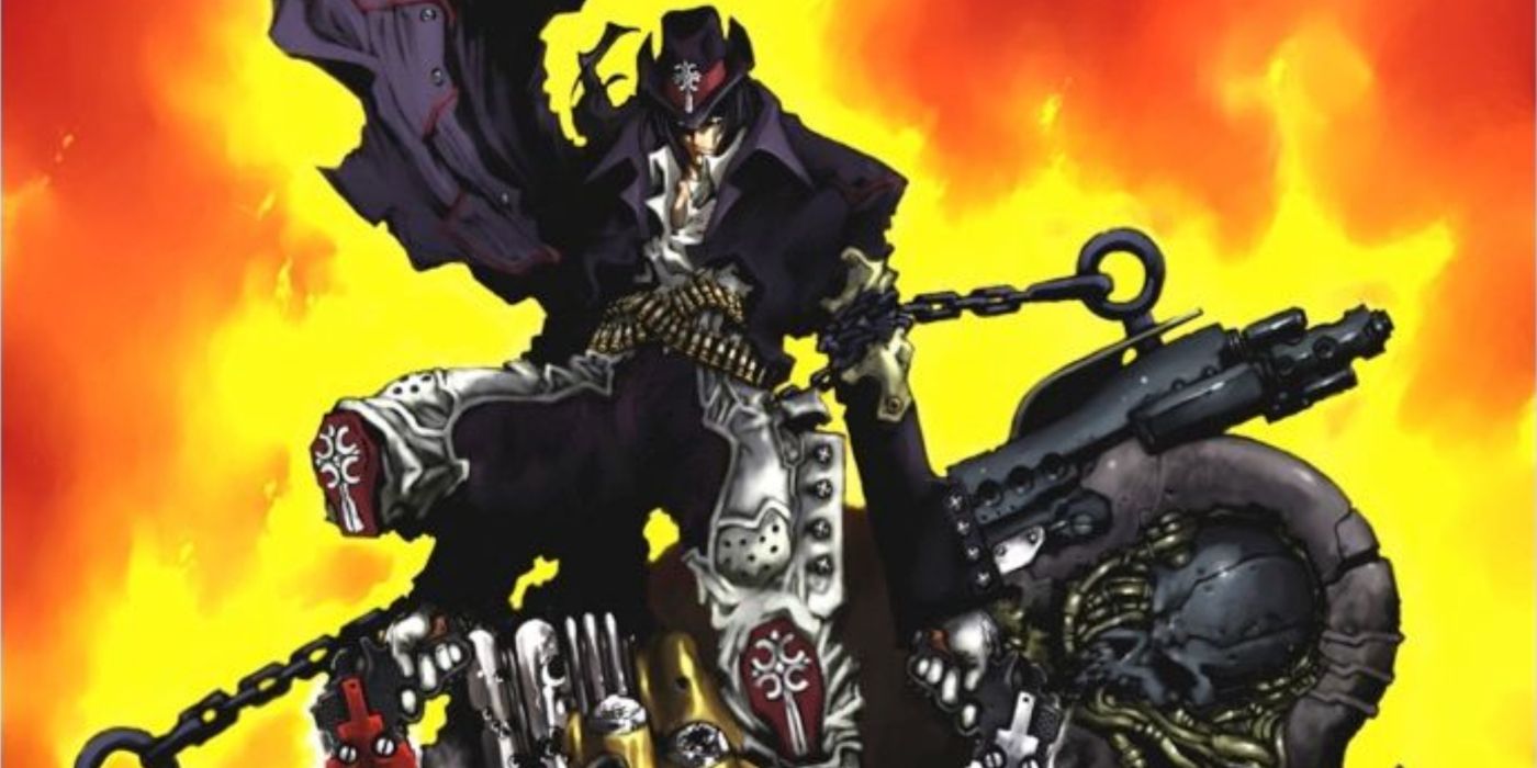 Art for the cover of 2002's Gungrave that features the titular hero surrounded by flames.