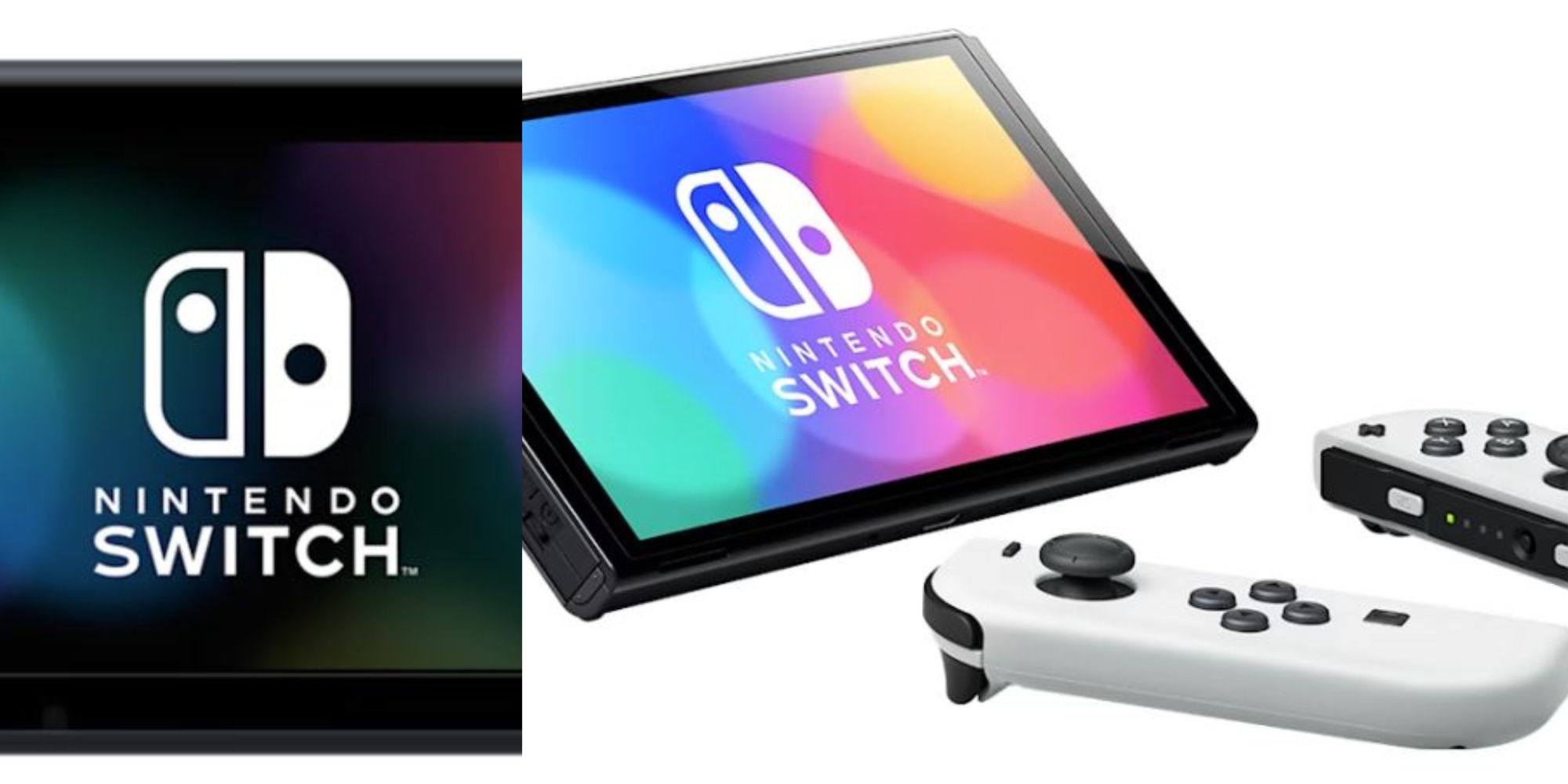A collage of a Nintendo Switch with the Nintendo Switch OLED in Tabletop Mode.
