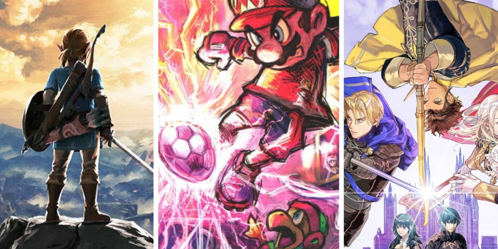 Collage of Nintendo game cover art - Breath of the wild, Fire Emblem Three Houses, and Mario Strikers