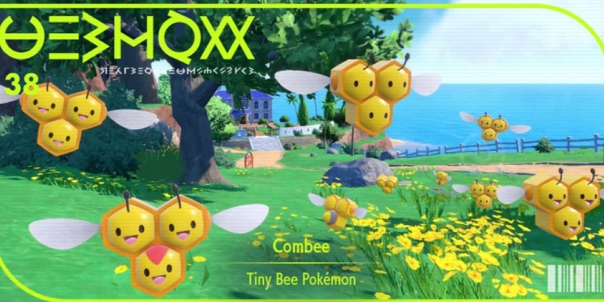 A colony of Combee flying through a field in its Pokedex entry.