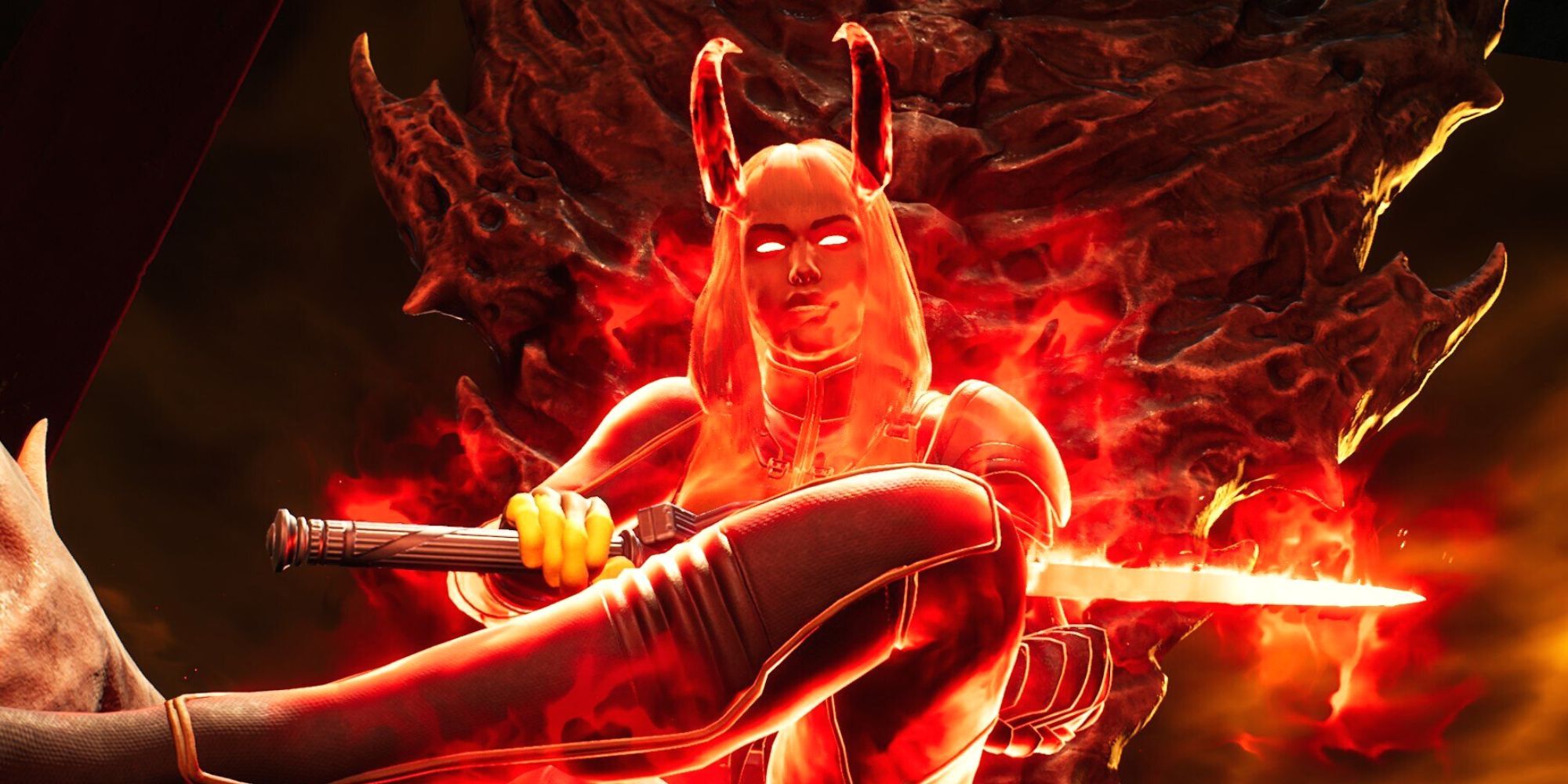 Magik sitting on the throne of Limbo, with glowing red horns and glowing red eyes.