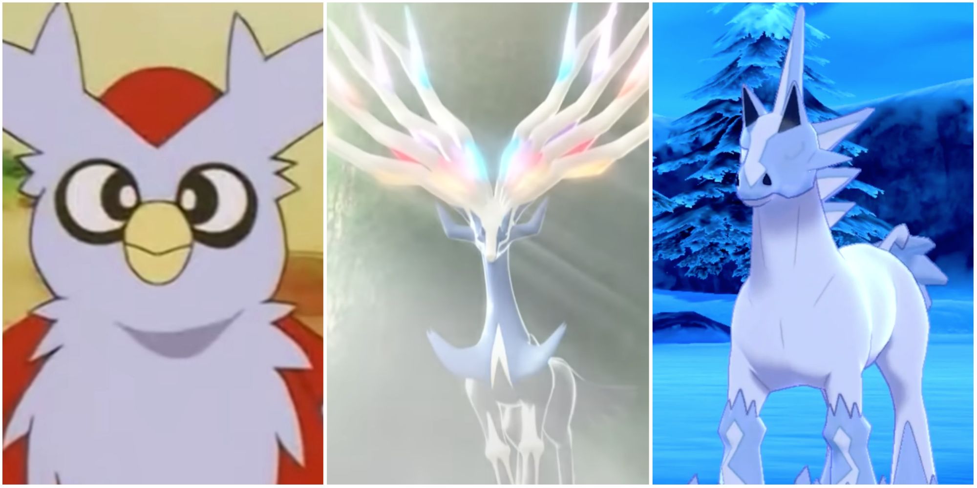 Split image of Delibird, Xerneas, and Glastrier
