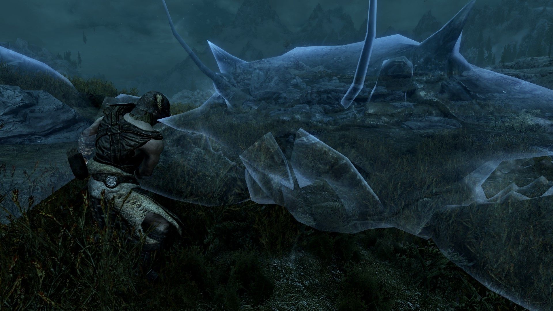 An adventurer fights a huge ghostly crab at night and is visibly dwarfed by it.