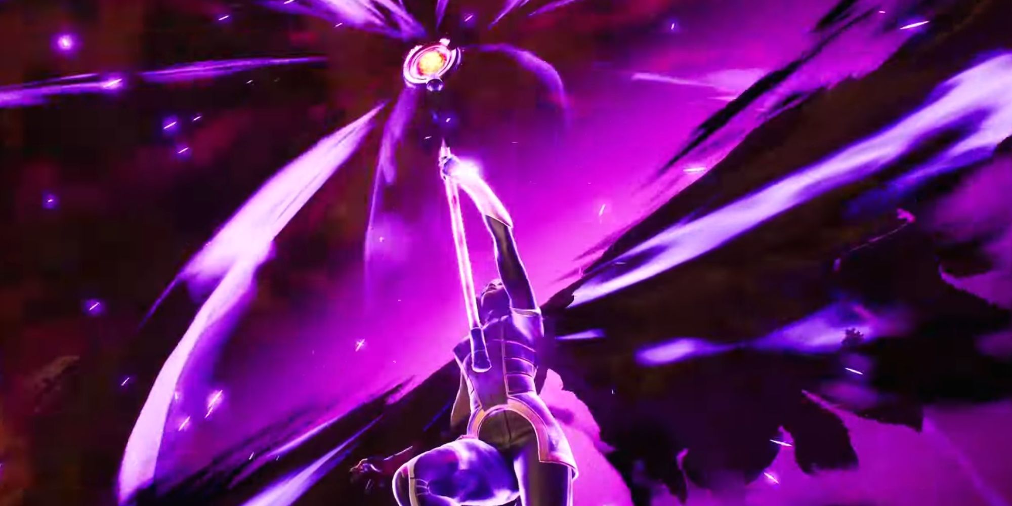 Nico Minoru using her "Crack The Sky" ability. Nico is holding her staff towards the sky with purple energised wings behind her.