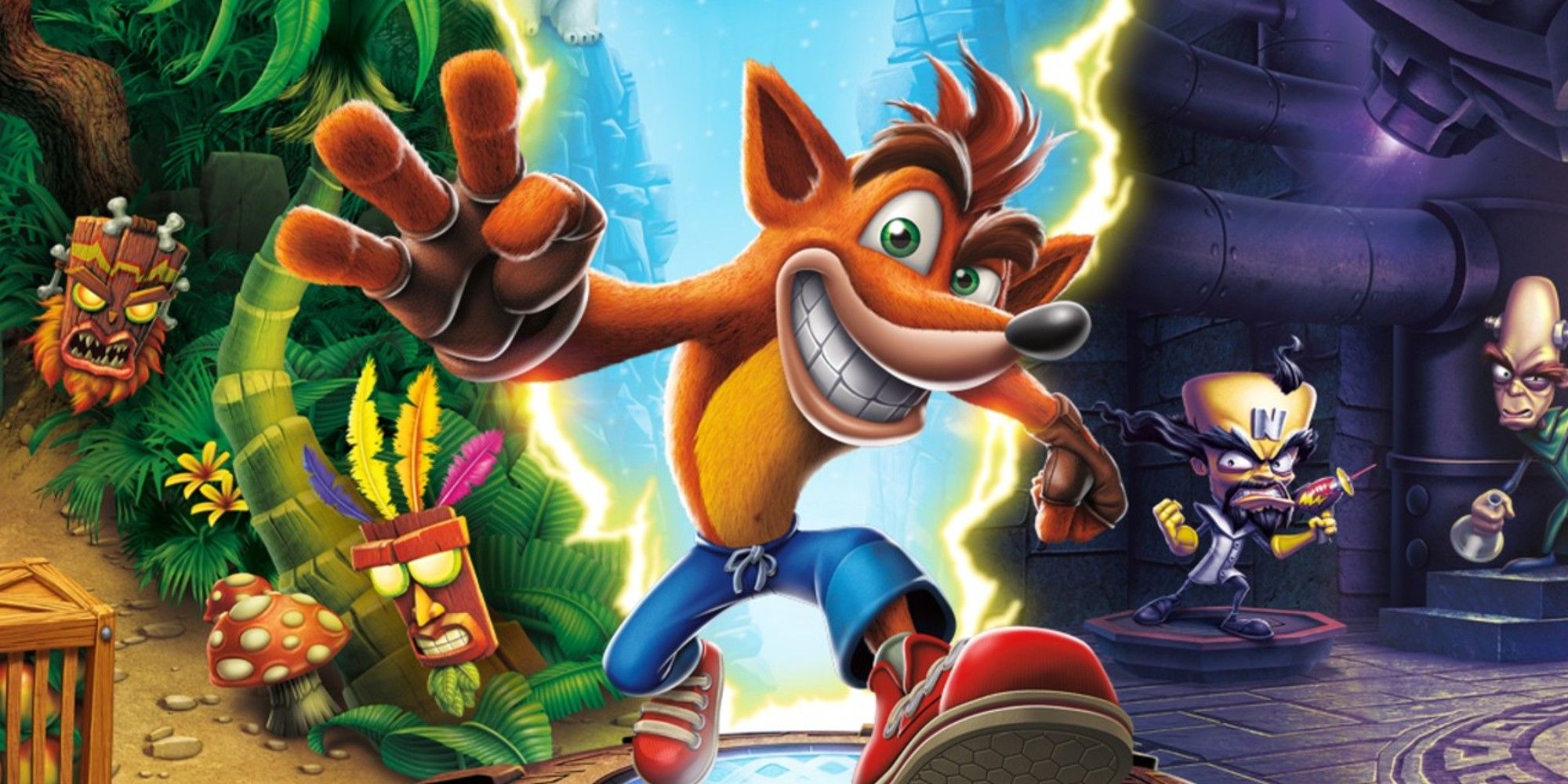 Crash Bandicoot N Sane Trilogy Cover Art with Crash in the middle and realms on his sides