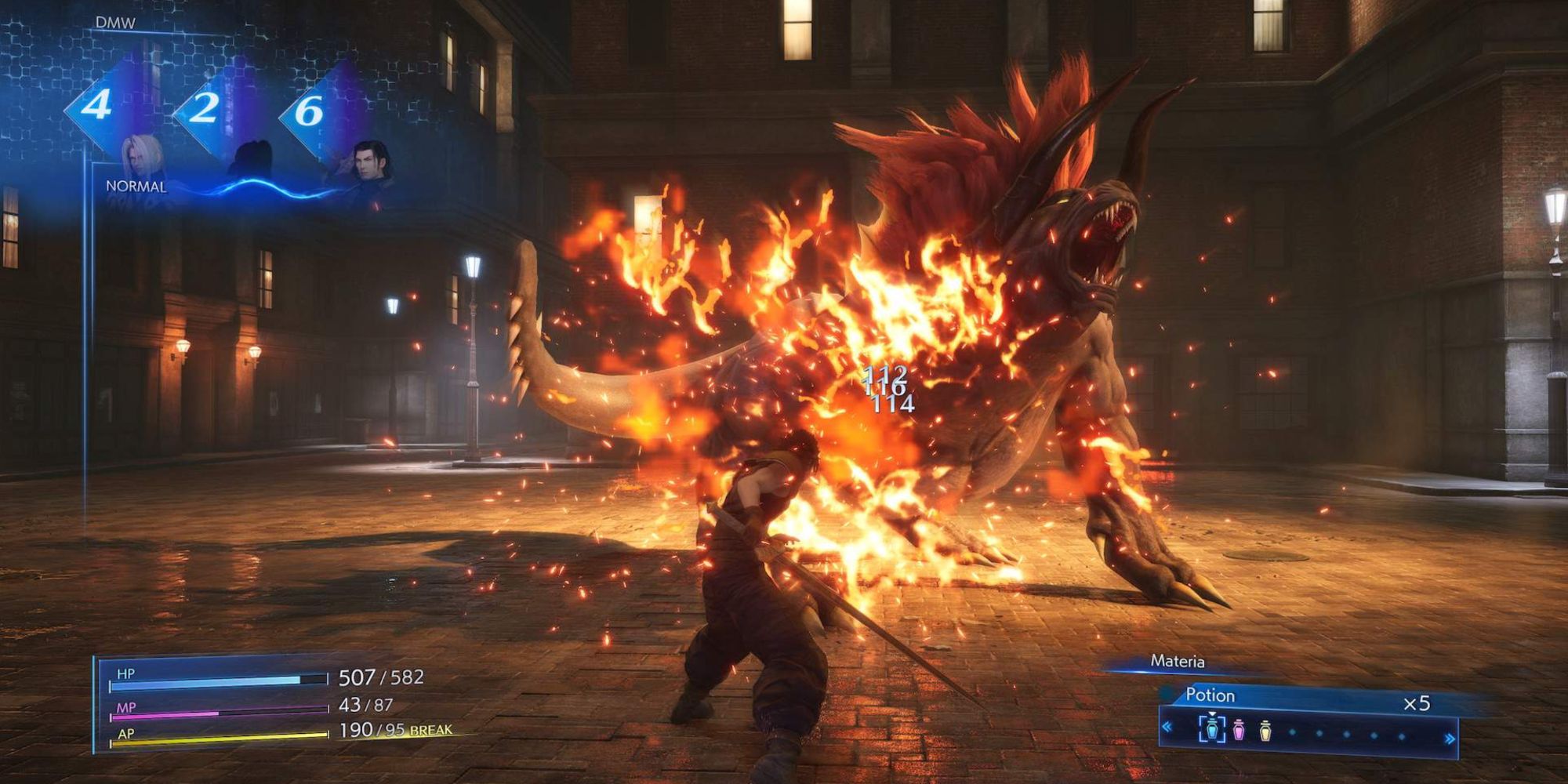 Screenshot of the Combat System featuring Zack Fair battling an Experiment in Crisis Core: Final Fantasy 7 Reunion