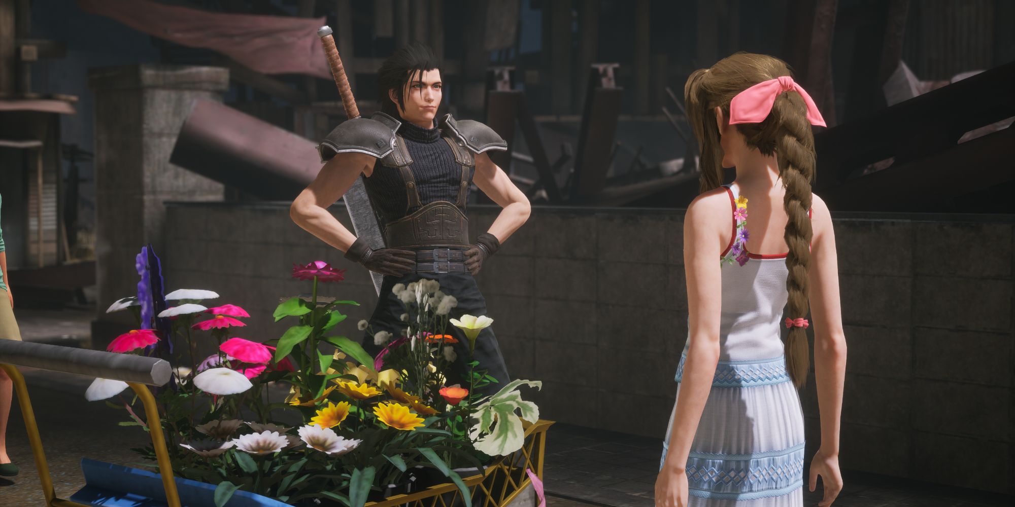 Zack and Aerith selling flowers in the Sector 5 Slums in Crisis Core: Final Fantasy 7 Reunion