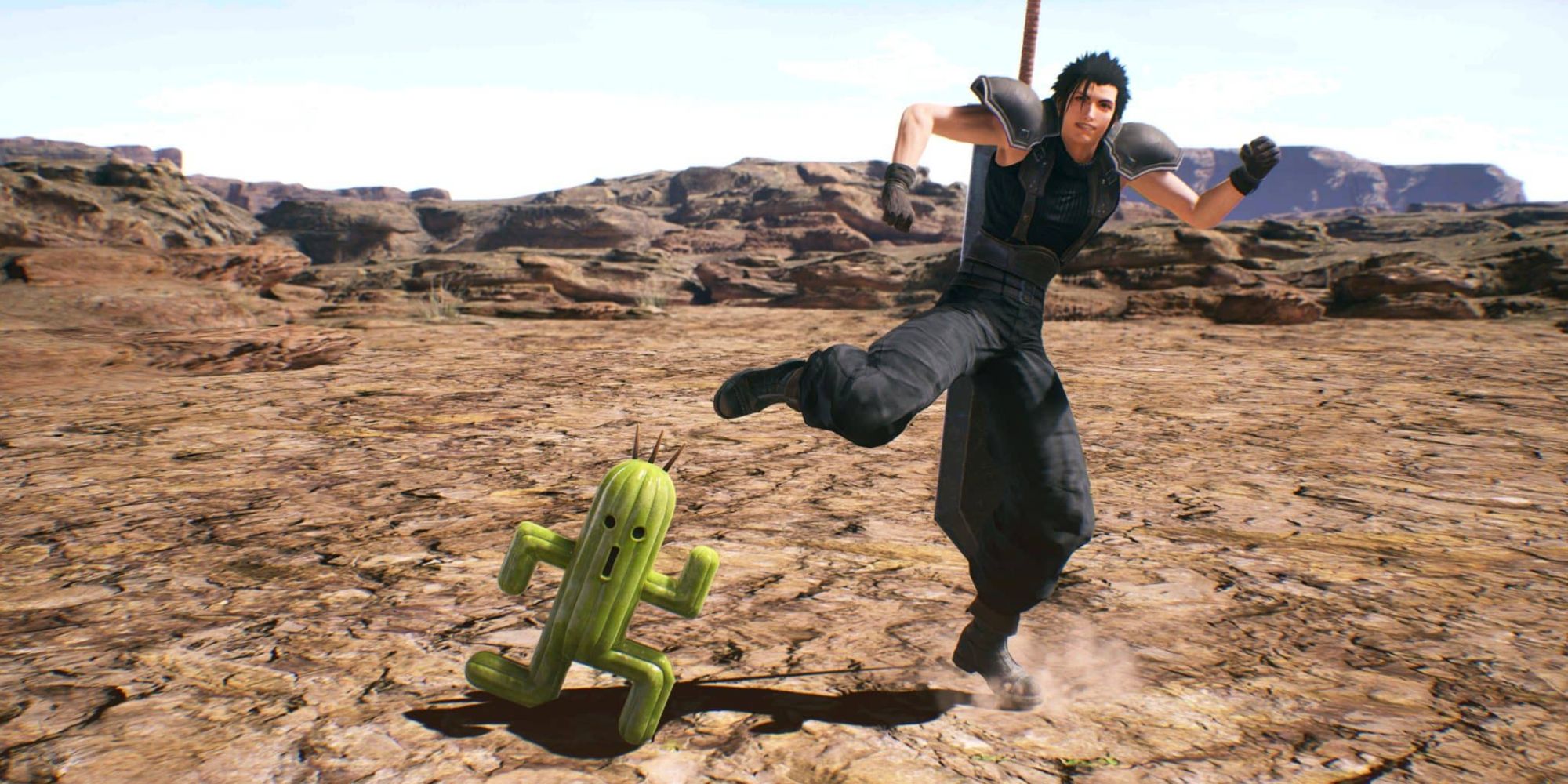 Zack Fair dancing with a Cactuar in Crisis Core: Final Fantasy 7 Reunion