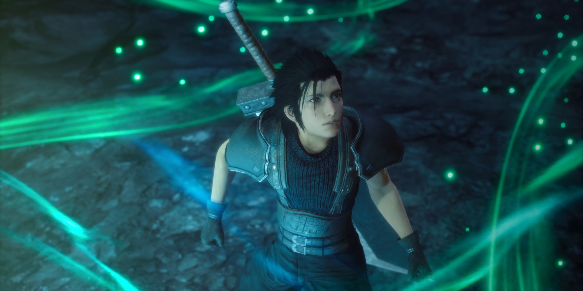 Zack Fair standing in the middle of the Lifestream as is swirls all around him in Crisis Core: Final Fantasy 7 Reunion
