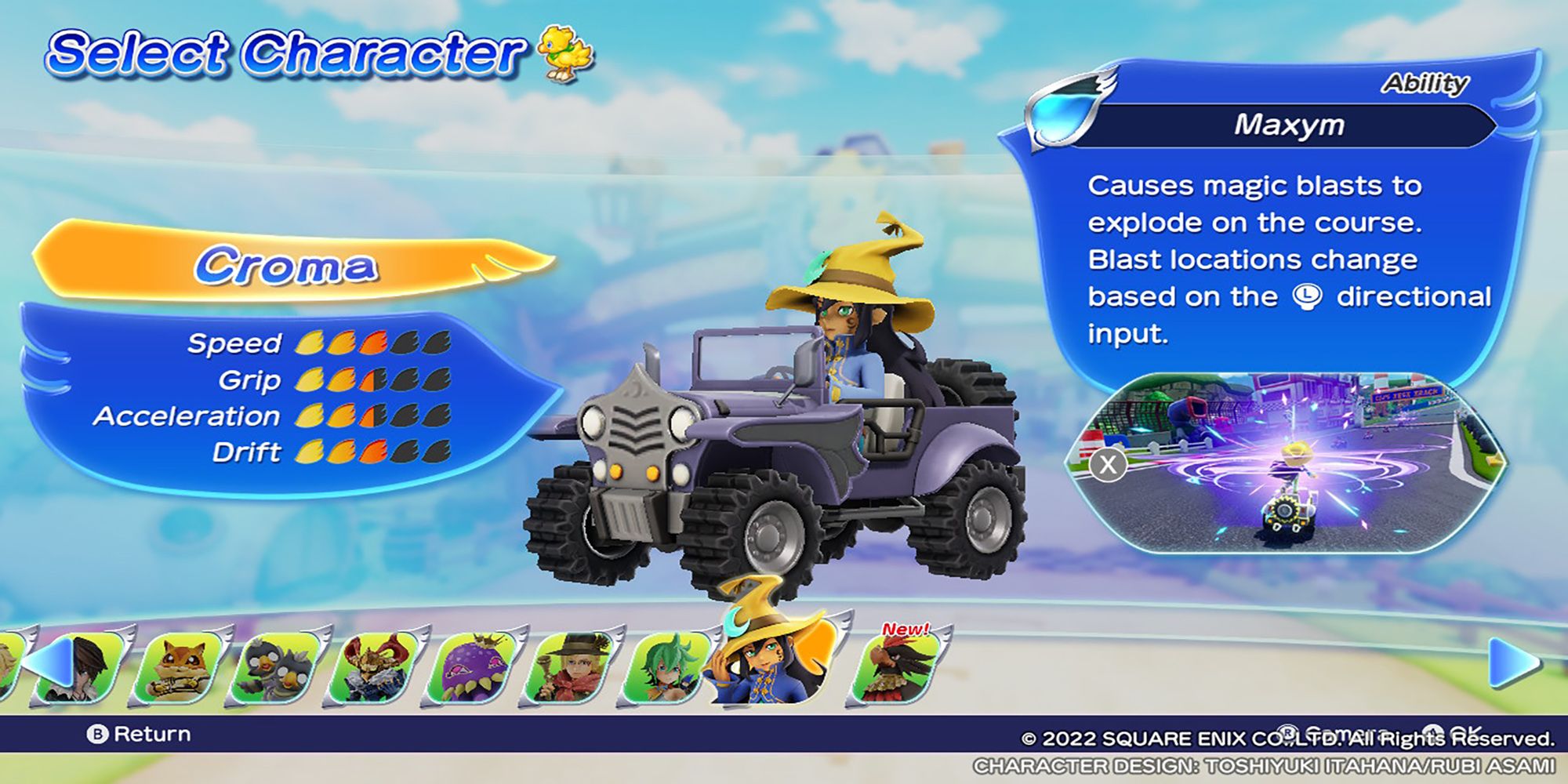 Croma drives her vehicle, the Magnolie 4WD, in Chocobo GP's Character Select Screen.