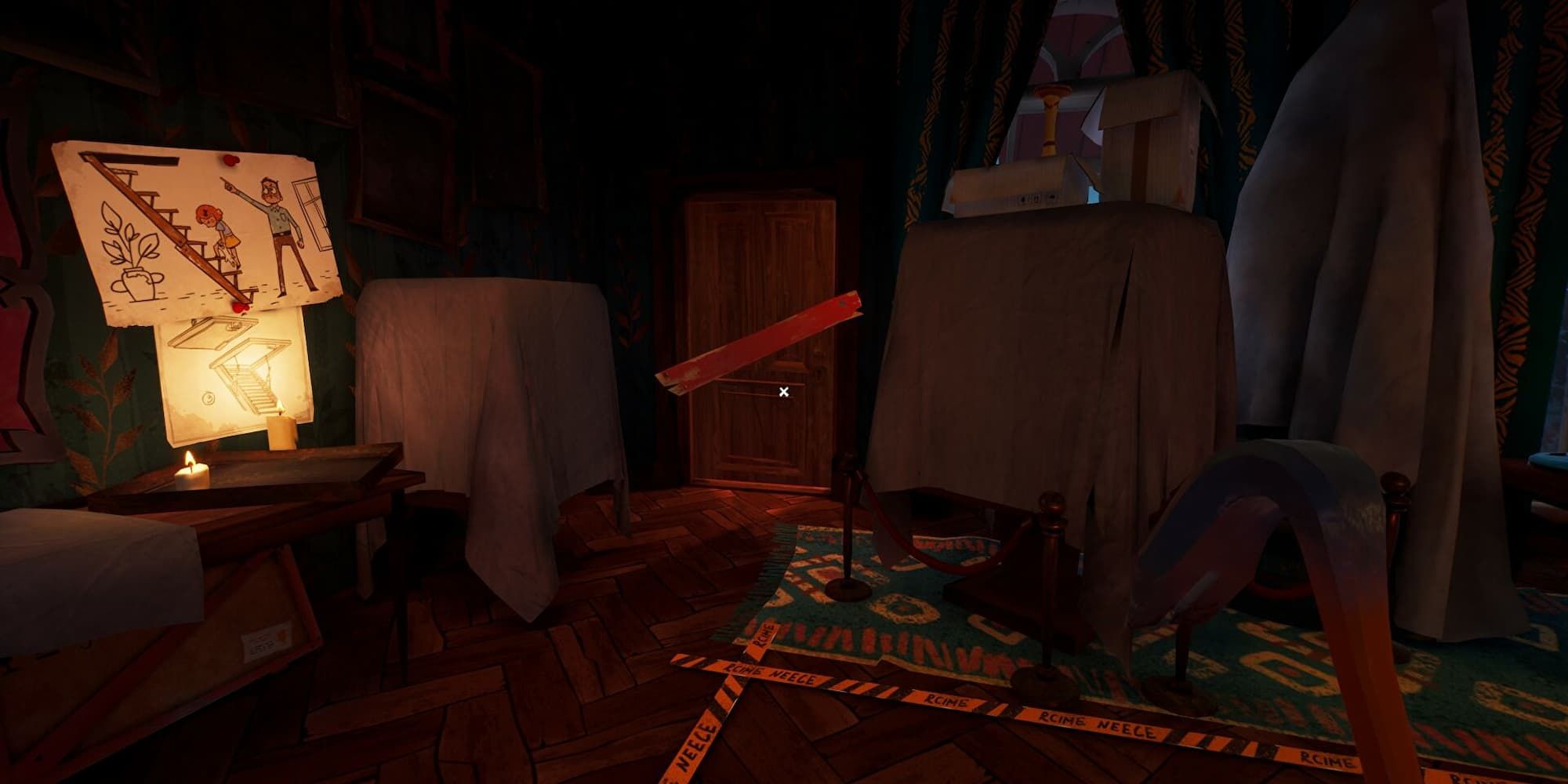 A player with a Crowbar walks towards a boarded up door in the Mayor's House of Hello Neighbor 2.