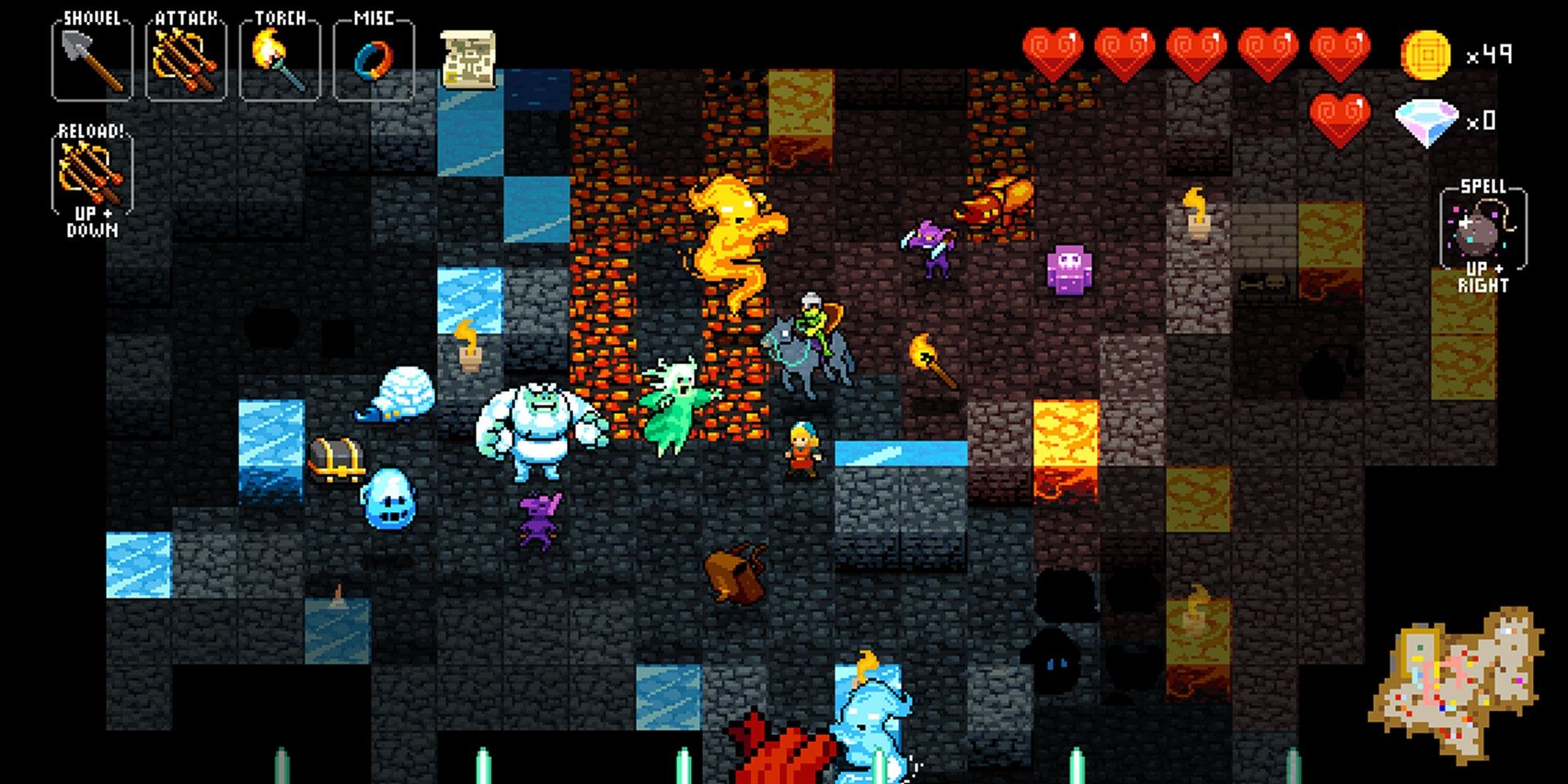 A dungeon room filled with both ice and fire in Crypt of the Necrodancer
