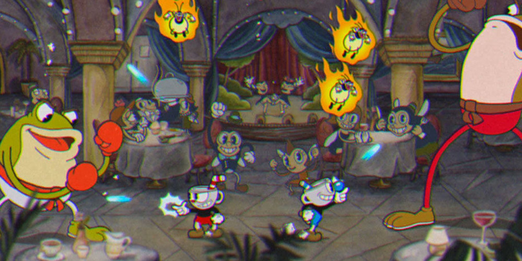 Cuphead and Mugman fighting against Ribby and Croaks boss fight in co-op in Cuphead