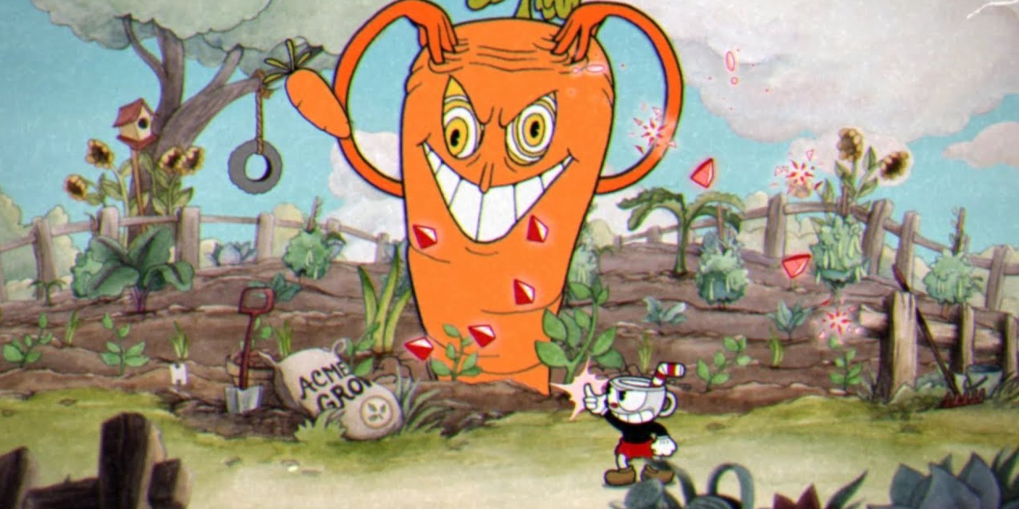 Cuphead fighting against The Root Pack boss in Cuphead