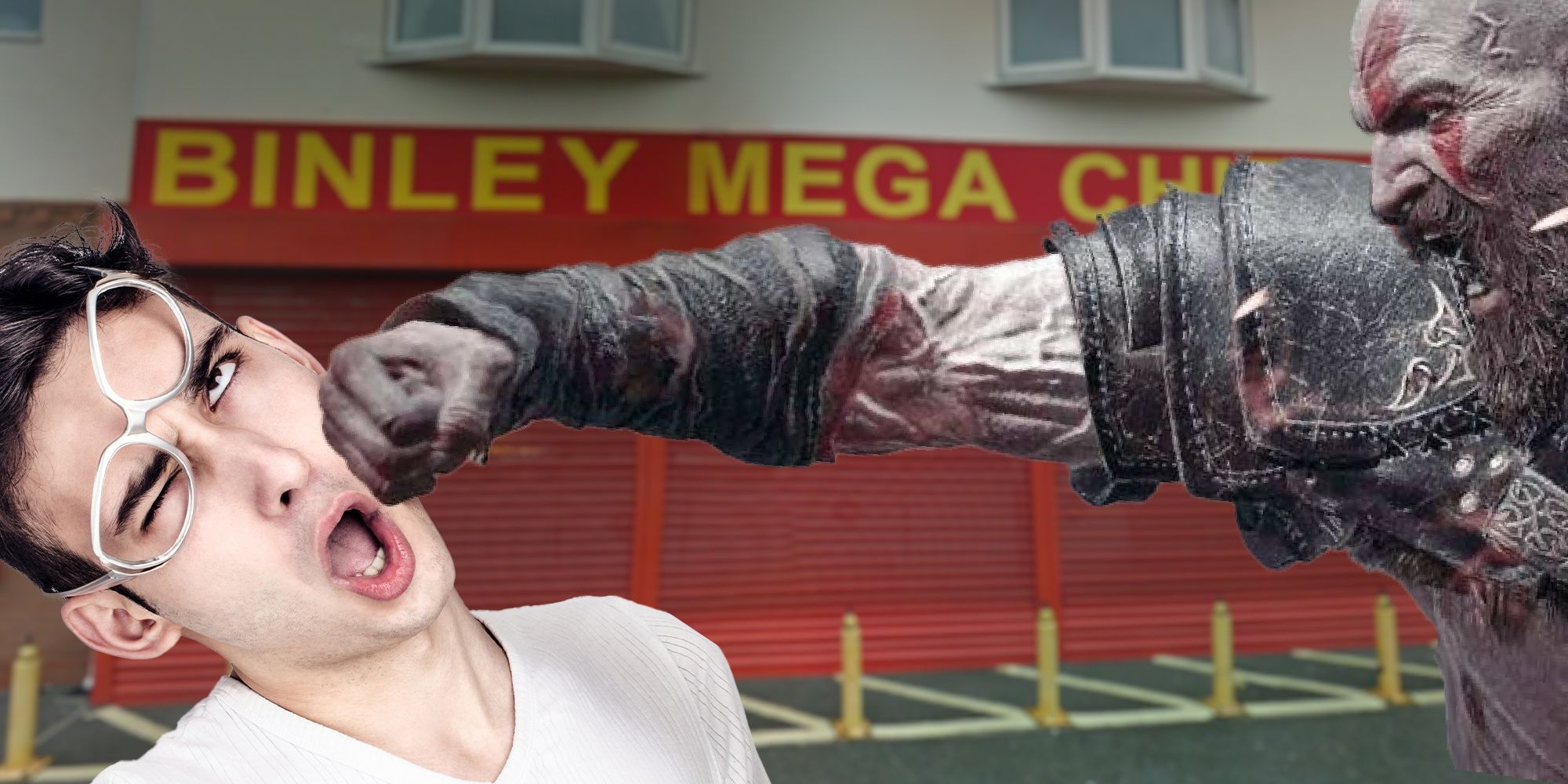 Custom Image - Kratos decking a kid outside Binley mega chippy