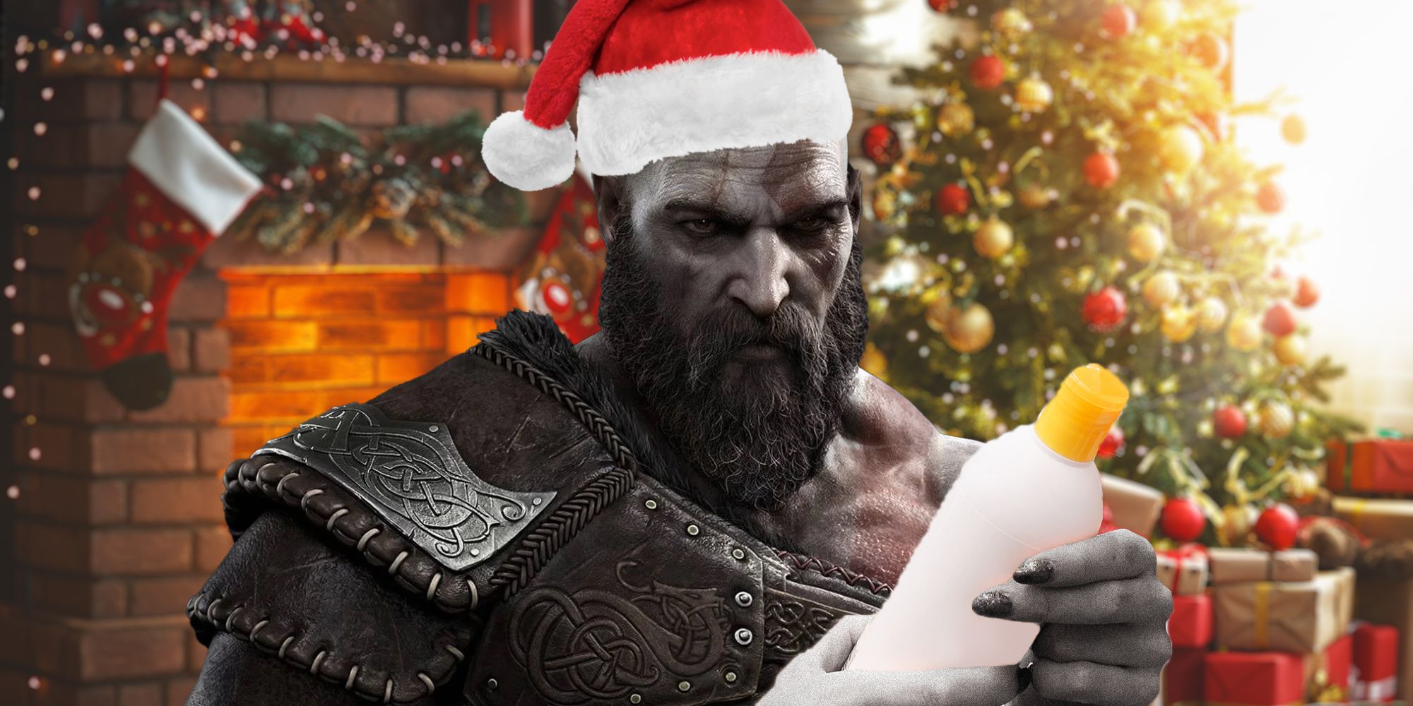 Custom Image - Kratos getting shampoo for Christmas