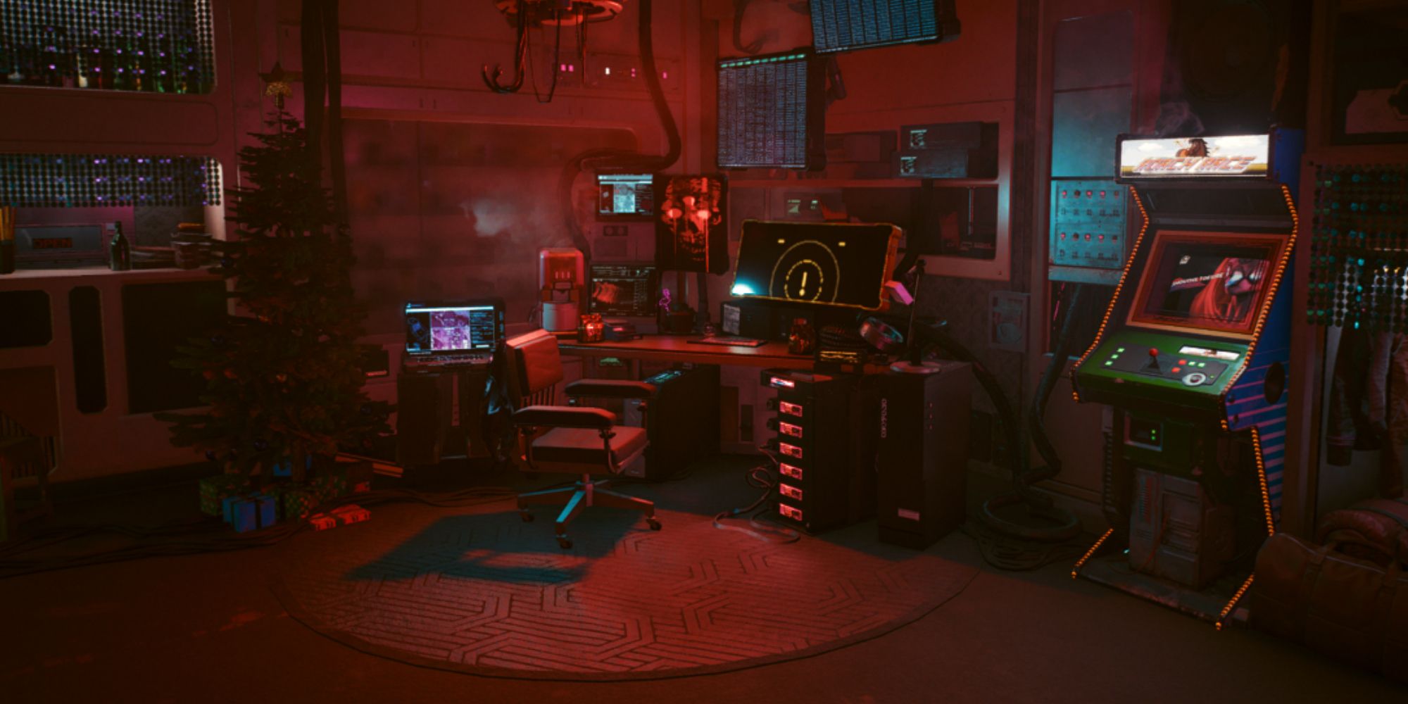 Cyberpunk 2077 apartment with a Christmas Tree