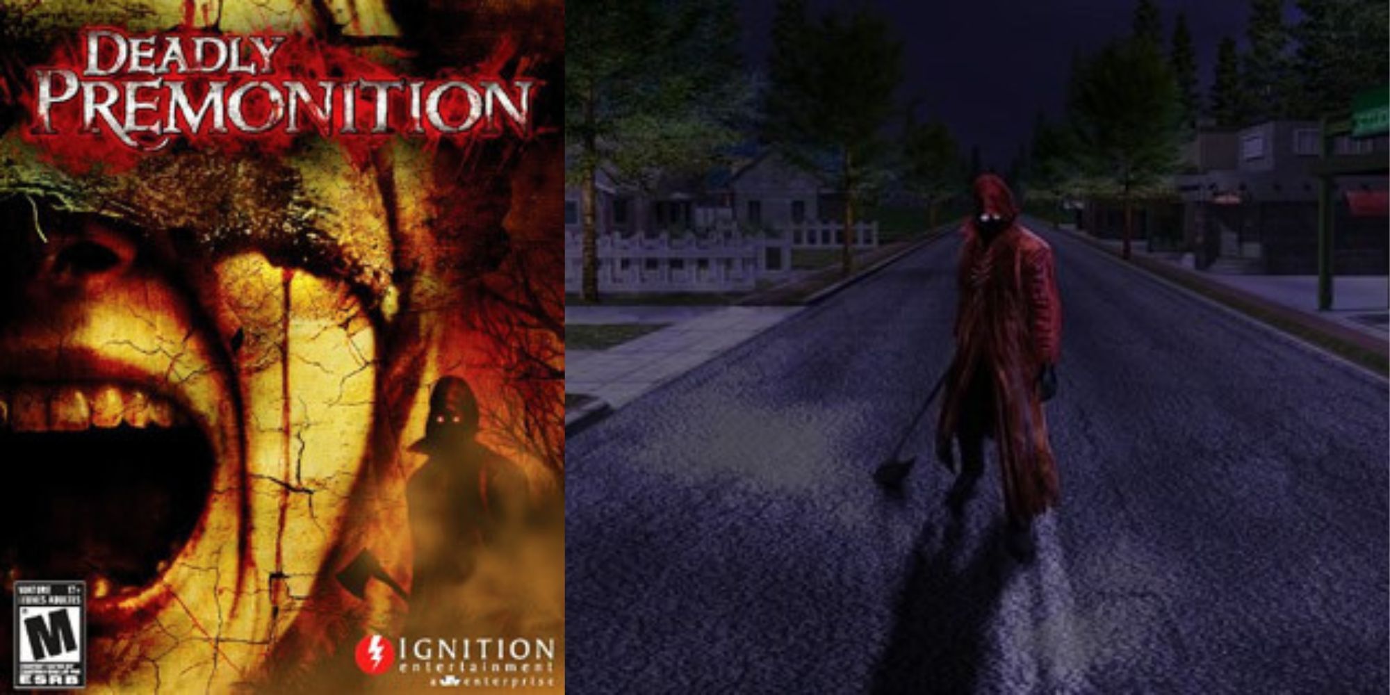 Deadly Premonition cover art and in-game image of hooded figure