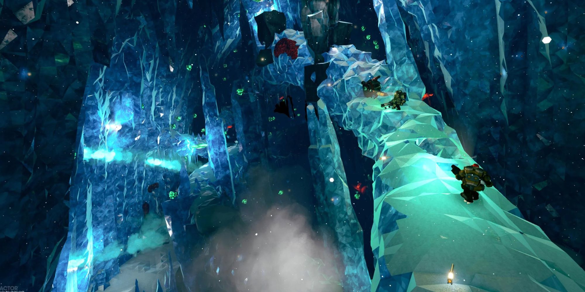 Characters walking up ice bridge in a cave in the Glacial Strata biome in Deep Rock Galactic