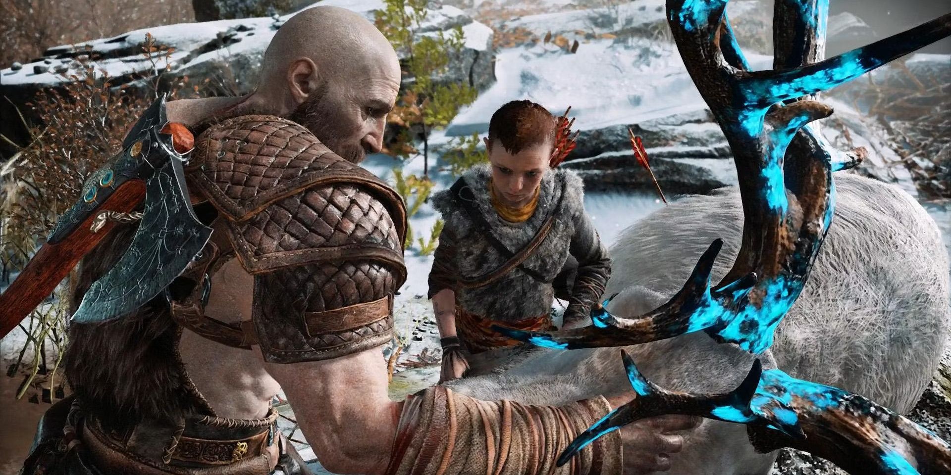 Kratos and Atreus hunting a deer in God of War