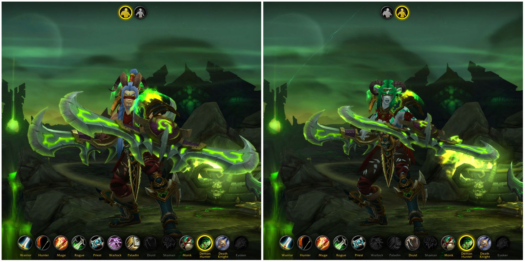 World of Warcraft split image of blood elf and night elf Demon hunter character creation screens