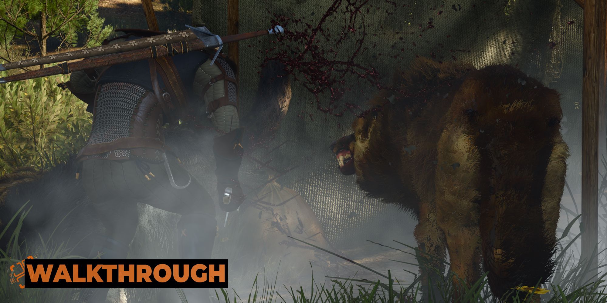Geralt staggers after being attacked by a brown wolf, its teeth bared.