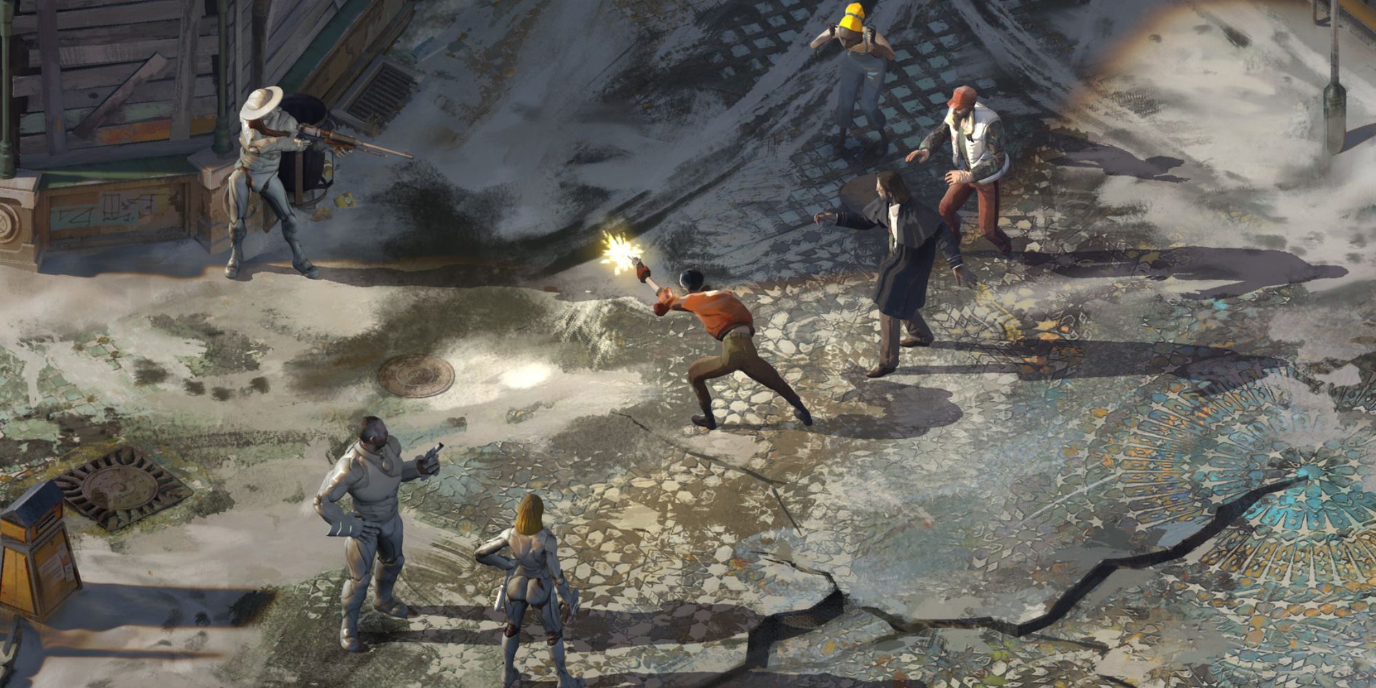Disco elysium Screenshot of characters shooting at each other