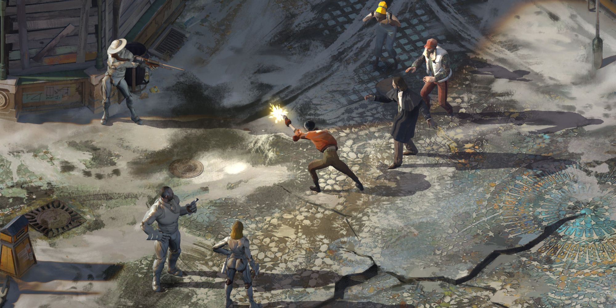 disco elysium Screenshot Of Characters Shooting Each Other