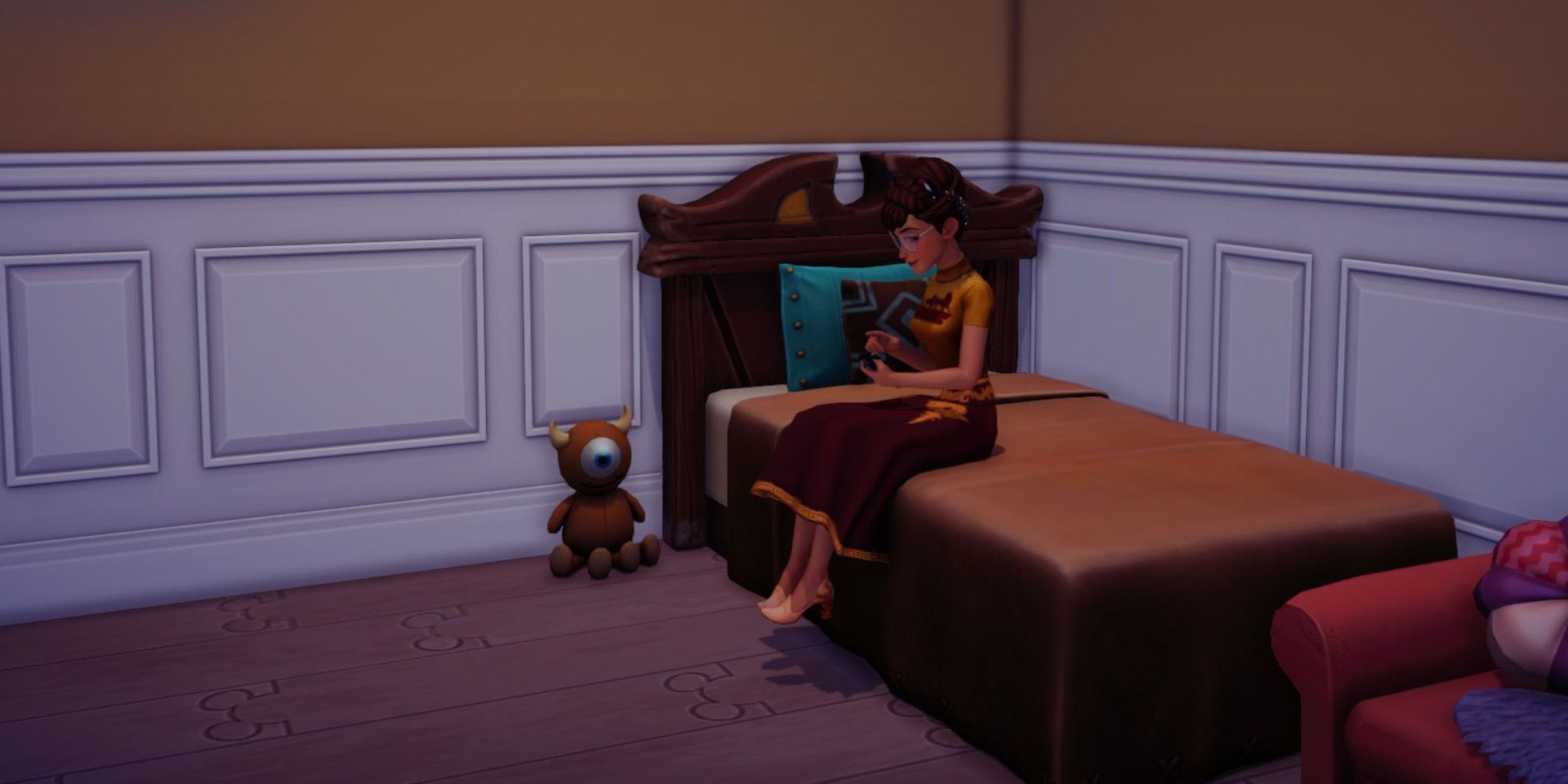 Disney Dreamlight Valley player sits on the bed