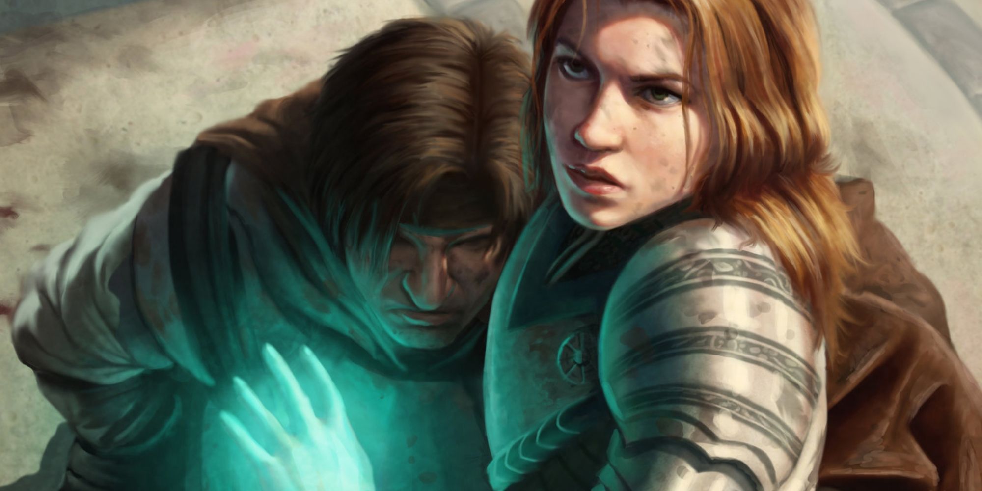 A cleric with a glowing hand placed on her companion as she helps him up