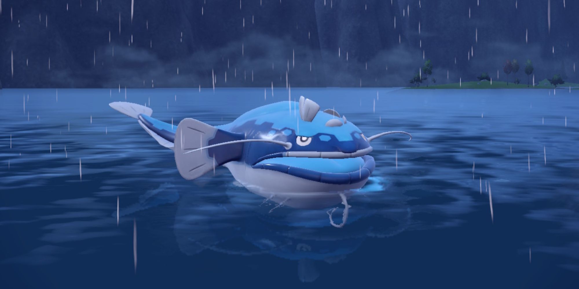 Dondozo floats in the water while it rains