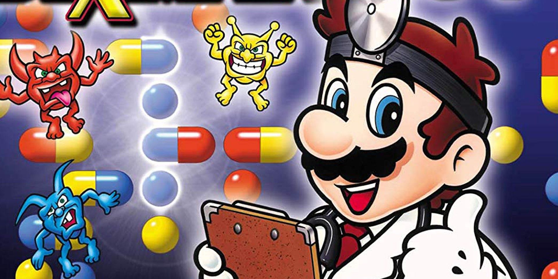 Cover art of Dr. Mario and the three types of viruses
