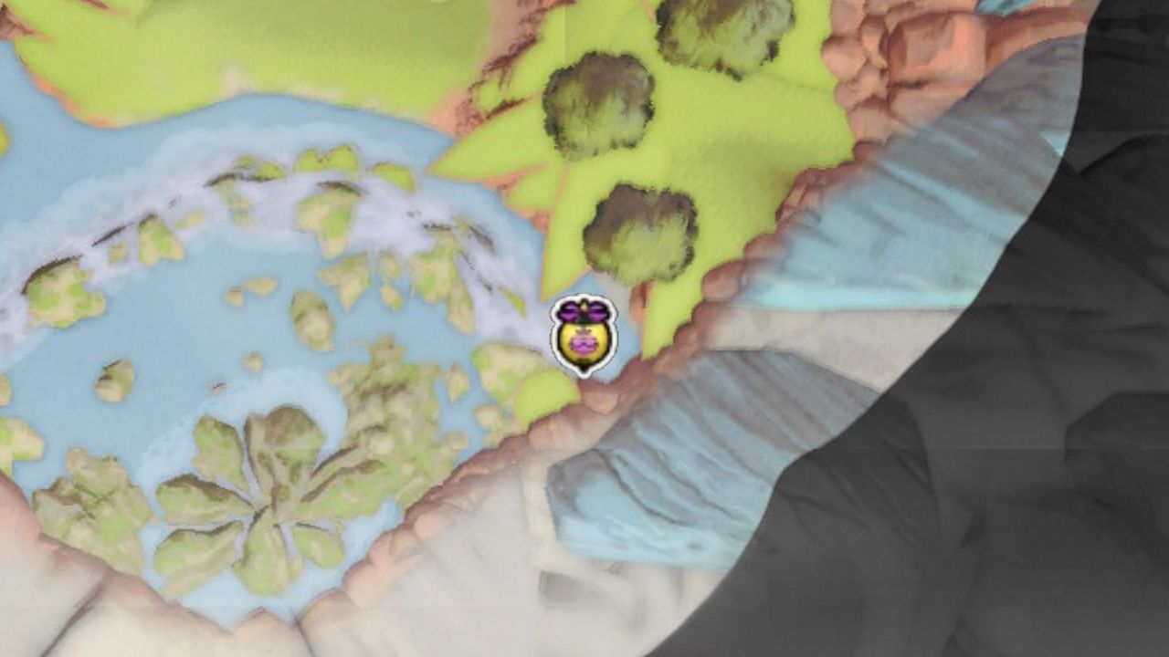 Сокровища Dragon Quest, воздушные шары в Патерноггине, воздушный шар, спрятанный в углу водопада, как видно на карте