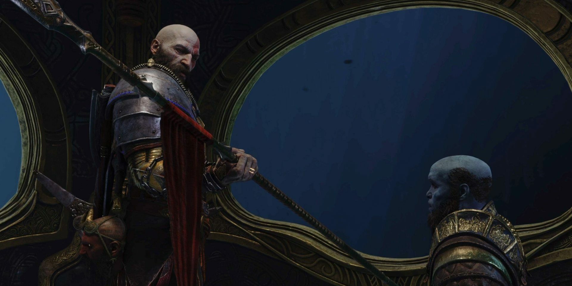 Kratos and Brok looking at the recently forged Draupnir Spear, in God of War Ragnarok