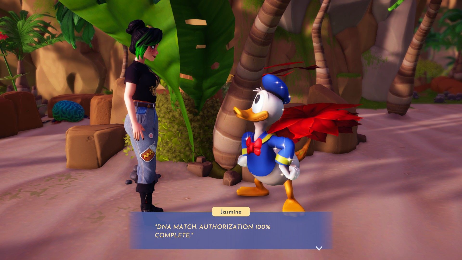 The Founder and Donald puzzle over the strange sock thief problem on Dazzle Beach in Disney Dreamlight Valley