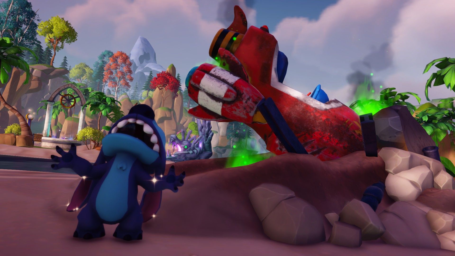 Stitch annoyed at his crashed spaceship after he lands on the beach in Dreamlight Valley