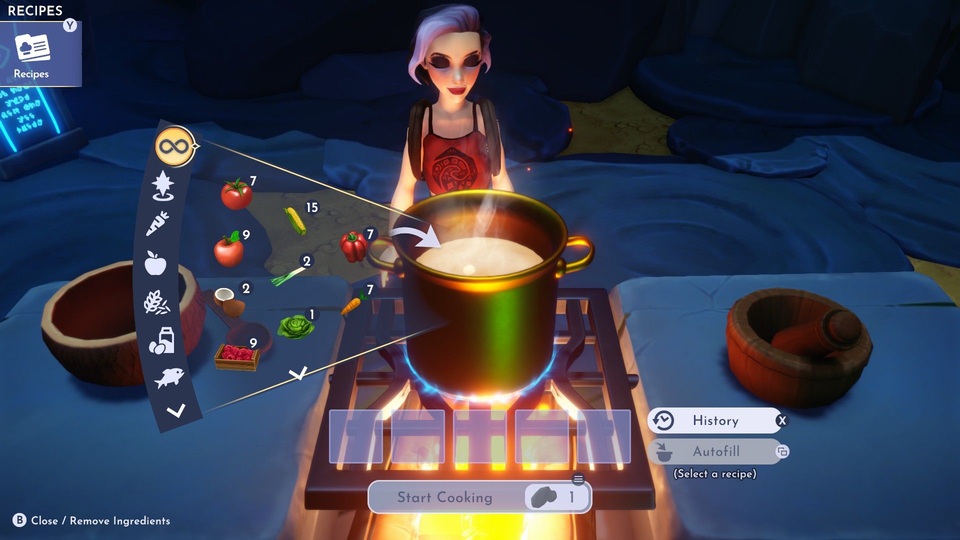 The Founder cooks at a stove using foraged ingredients in Disney Dreamlight Valley