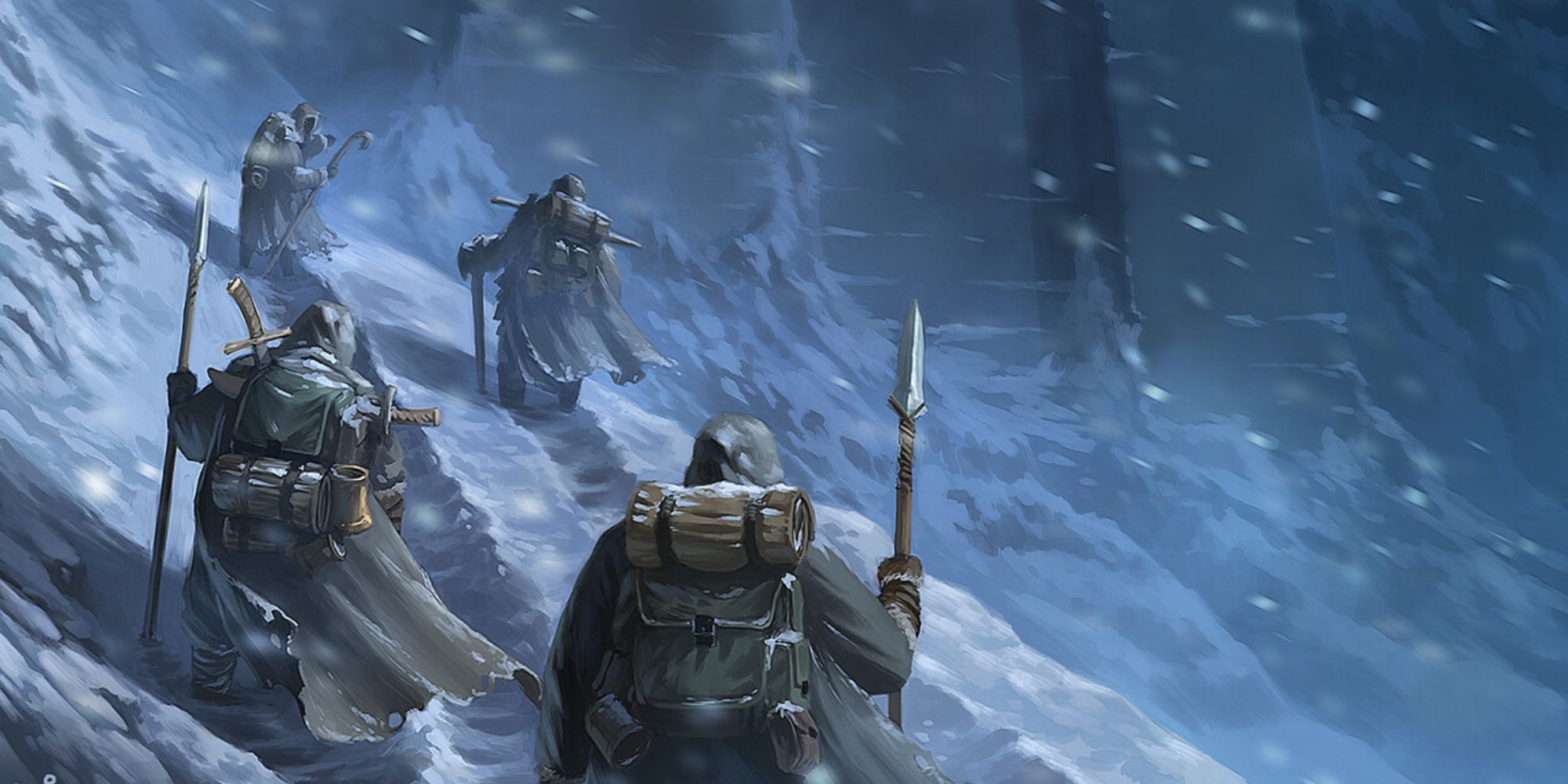 Dungeons & Dragons - Adventurers in a snow storm approaching Xardoroks Fortress