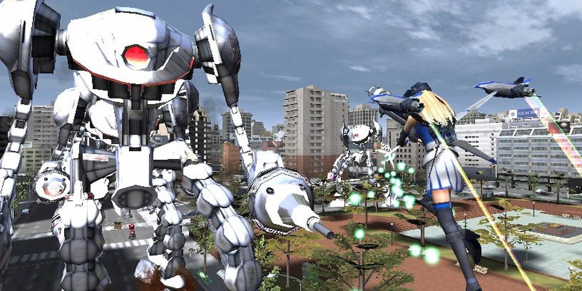 A soldier with a jetpack flies toward a group of mechs in Earth Defense Force 2017.
