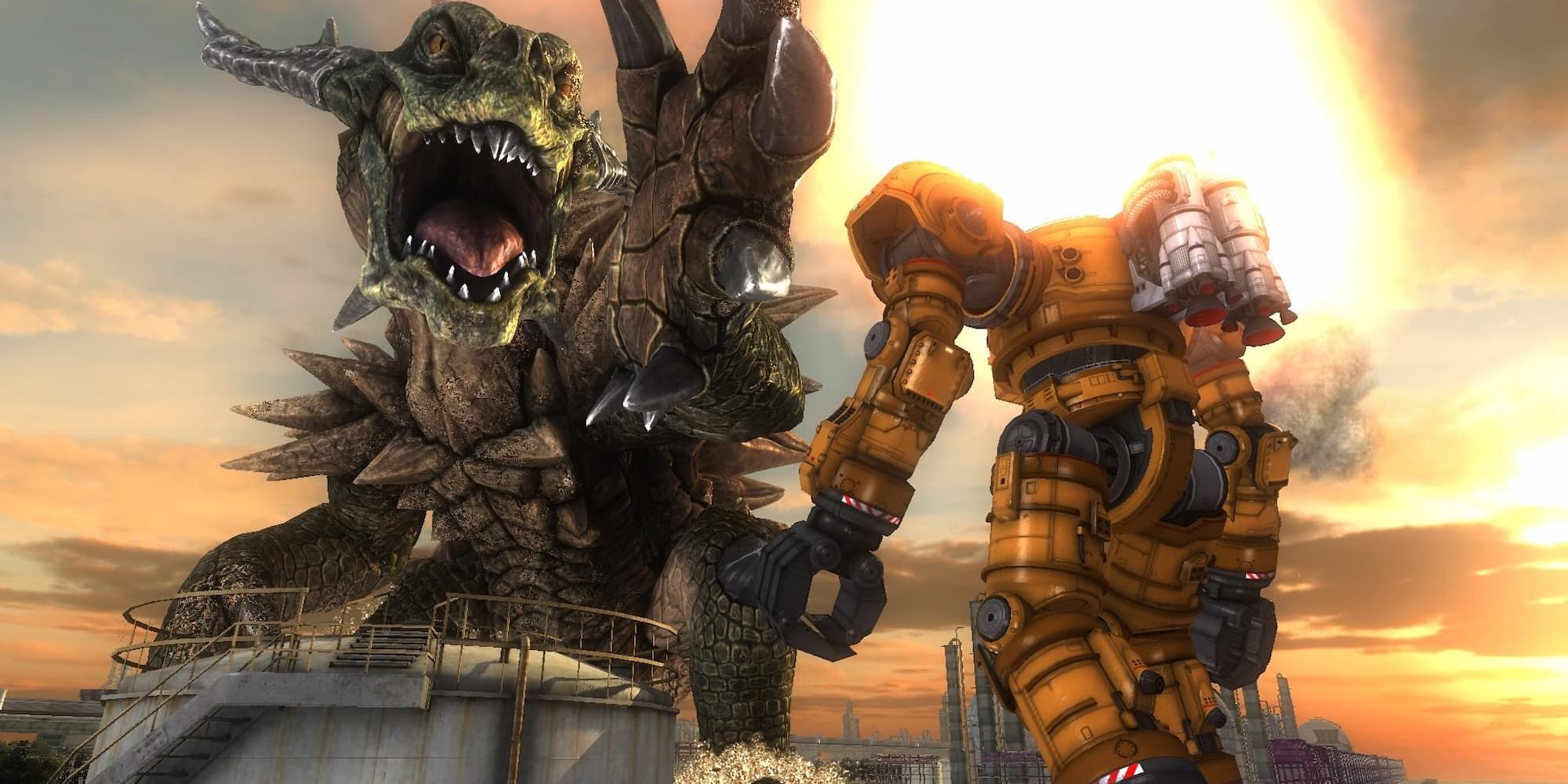 A soldier pilots a mech to take on a massive hostile lizard in Earth Defense Force 5.