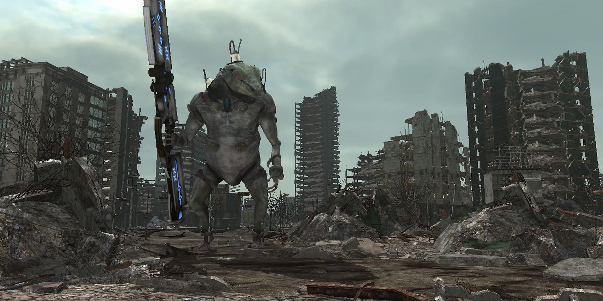 A giant lizard with an alien weapon stands over a destroyed city in Earth Defense Force 6.