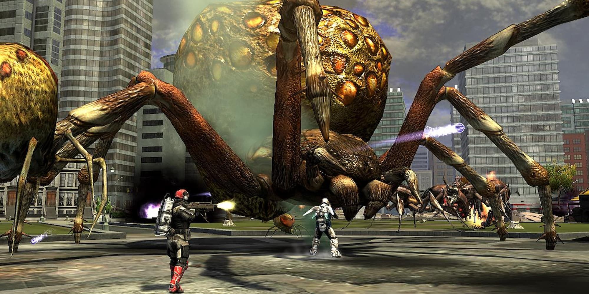 Earth Defense Force soldiers battle giant spiders in Earth Defense Force: Insect Armageddon.