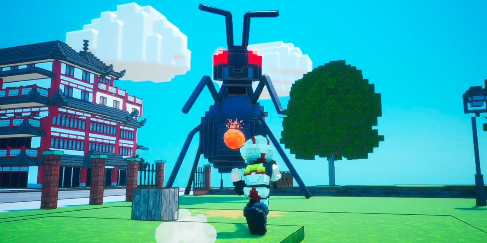A player does battle with a giant ant in the blocky-style of the World Brothers spinoff.